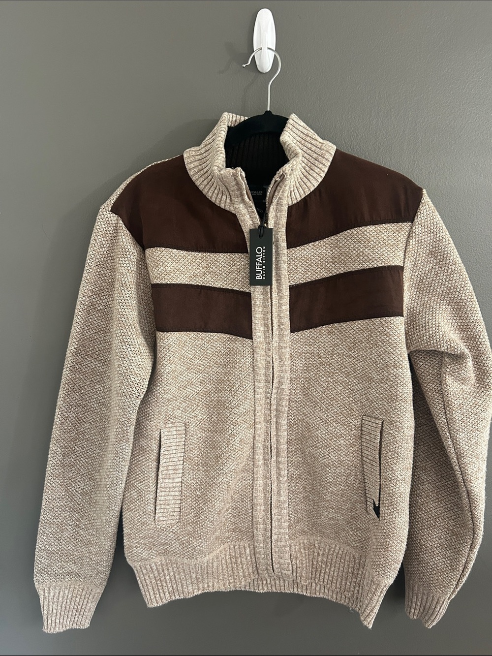 Buffalo David Bitton Beige and Brown Knit Zip-Up Sweater/ Sherpa Jacket